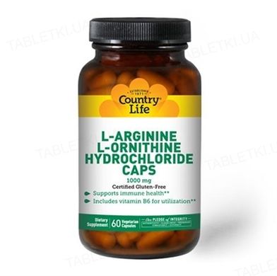 Country Life, L-аргінін, L-орнітин, 1000 мг, 60 капсул (CLF-01035), фото