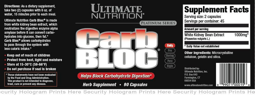 Ultimate Nutrition, Carb Block, Ultra Potent Weight Loss Pills, 500 мг, 90 капсул (ULN-00015), фото