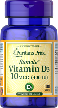 Витамин Д3, Vitamin D3, Puritan's Pride, 400 МЕ, 100 таблеток (PTP-11140), фото