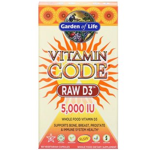 Garden of Life, Vitamin Code, Raw D3, 5000 МО, 60 вегетаріанських капсул (GOL-11586), фото