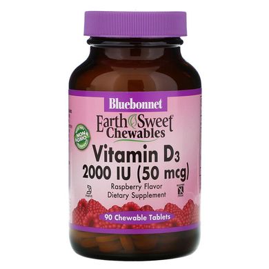 Bluebonnet Nutrition, Earth Sweet Chewables, вітамін D3, натуральний смак малини, 2000 МО (50 мкг), 90 жувальних таблеток (BLB-00364), фото