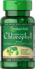Puritan's Pride, Жевательный хлорофилл с натуральным ароматом для мяты, 100 жевательных таблеток (PTP-14190), фото