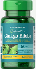 Гинкго билоба, Ginkgo Biloba, Puritan's Pride, стандартизированный экстракт, 60 мг, 120 гелевых капсул (PTP-15404), фото