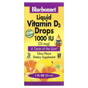 Bluebonnet Nutrition, Жидкий витамин D3, в каплях, натуральный цитрусовый вкус, 25 мкг (1000 МЕ), 30 мл (BLB-00374), фото