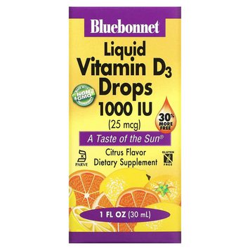 Bluebonnet Nutrition, Рідкий вітамін D3, у краплях, натуральний цитрусовий смак, 25 мкг (1000 МО), 30 мл (BLB-00374), фото