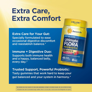Пробиотик 2 млрд КОЕ Renew Life Ultimate Flora Extra Care Probiotic Gummies | малина - 48 жевательных мармеладок, фото