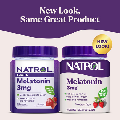 Natrol, Melatonin Gummies, 3 мг, клубника, 70 жевательных цукерок (NTL-08066), фото