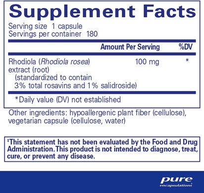 Родіола рожева, Rhodiola Rosea, Pure Encapsulations, 180 капсул (PE-00568), фото