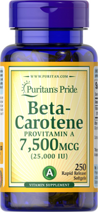 Бета-каротин, Beta-Carotene, Puritan's Pride, 7500 мкг (25000 МЕ), 250 гелевых капсул (PTP-11223), фото