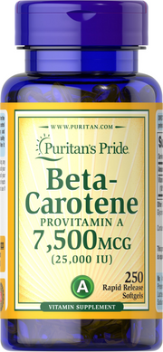 Бета-каротин, Beta-Carotene, Puritan's Pride, 7500 мкг (25000 МО), 250 гелевих капсул (PTP-11223), фото