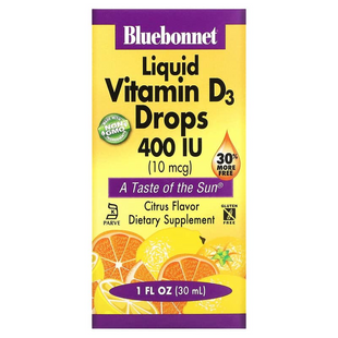 Bluebonnet Nutrition, Жидкий витамин D3 в каплях, натуральный аромат цитрусовых, 10 мкг (400 МЕ), 30 мл (BLB-00372), фото