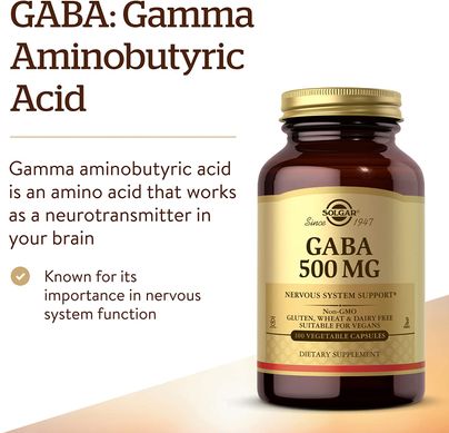 ГАМК, Гамма-аминомасляная кислота (GABA), Solgar, 500 мг, 100 капсул (SOL-01211), фото