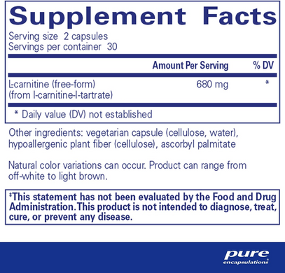 Pure Encapsulations, l-carnitine, L-карнітин тартрат, 340 мг, 60 капсул (PE-00054), фото