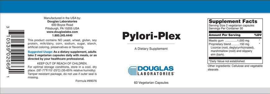 Смола мастикового дерева + поживні речовини для шлунка і шлунково-кишкового тракту, Pylori-Plex, Douglas Laboratories, 60 капсул (DOU-02066), фото