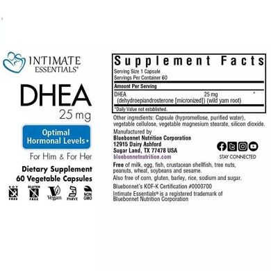 Bluebonnet Nutrition, DHEA (дегидроэпиандростерон), Intimate Essenitals, 25 мг, 60 вегетарианских капсул (BLB-04016), фото