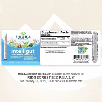 RidgeCrest Herbals, Комплекс для здоров'я мозку з пробіотиком, Інтелігут, Intelligut, 60 капсул (RCH-00570), фото