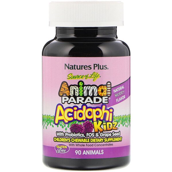 Nature's Plus, Source of Life, Animal Parade, AcidophiKidz, детские жевательные таблетки, натуральный вишневый вкус, 90 таблеток в форме животных