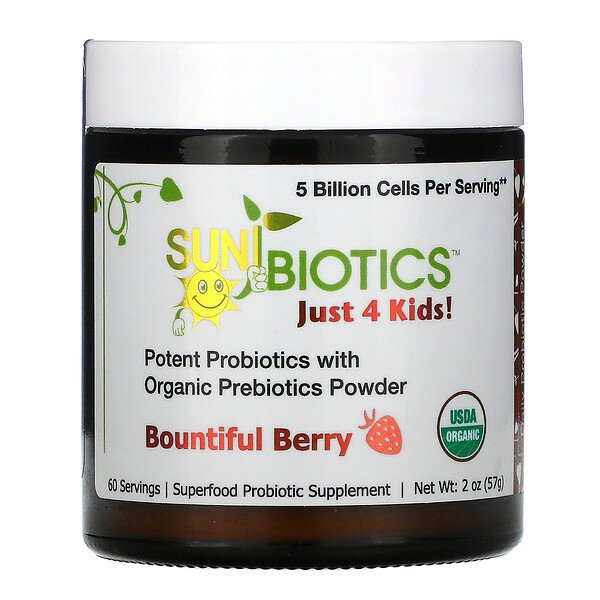 Sunbiotics, Just 4 Kids! мощные пробиотики с органическим порошком пребиотиков, разнообразие ягод, 5 млрд, 57 г