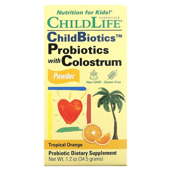 Пробиотик с сухим молозивом для детей, Probiotics with Colostrum, ChildLife, апельсин/ананас, 48 г