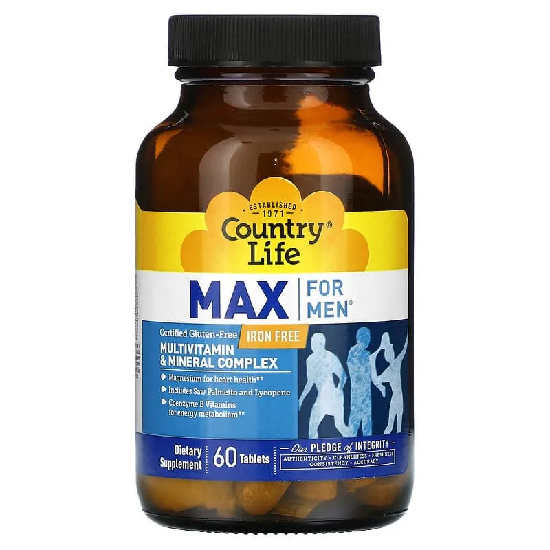 Country Life, Max for Men, комплекс мультивітамінів та мікроелементів для чоловіків, не містить заліза, 60 таблеток