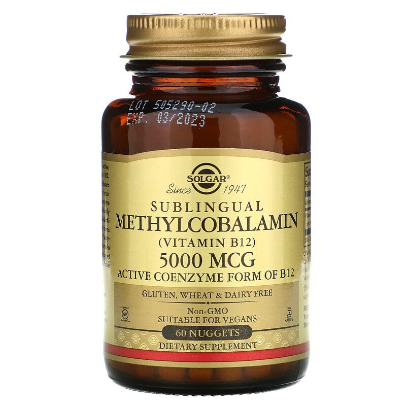 Solgar, Сублингвальный метилкобаламин (витамин B12), 5000 мкг, 60 таблеток