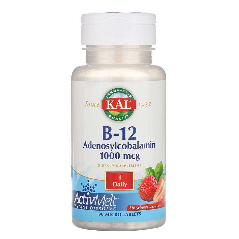Витамин В12 аденозилкобаламин, B-12 Adenosylcobalamin, KAL, клубника, 1000 мкг, 90 таблеток
