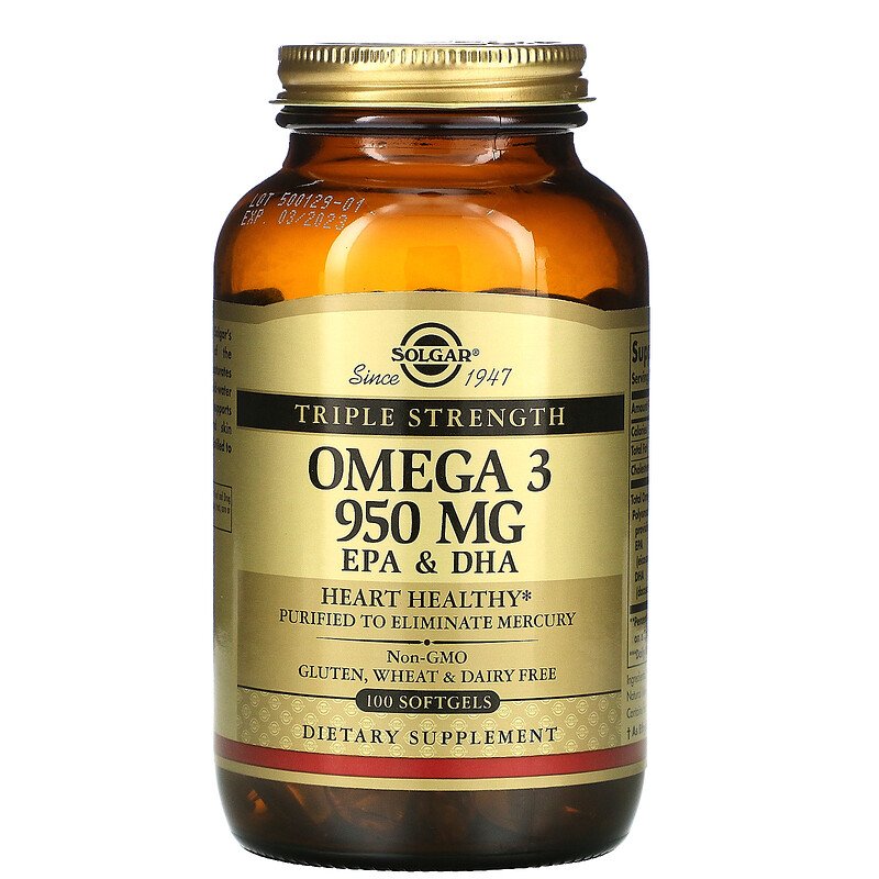 Рыбий жир, Омега 3 (Omega-3 EPA, DHA), Solgar, 950 мг, 100 капсул (SOL-02058)