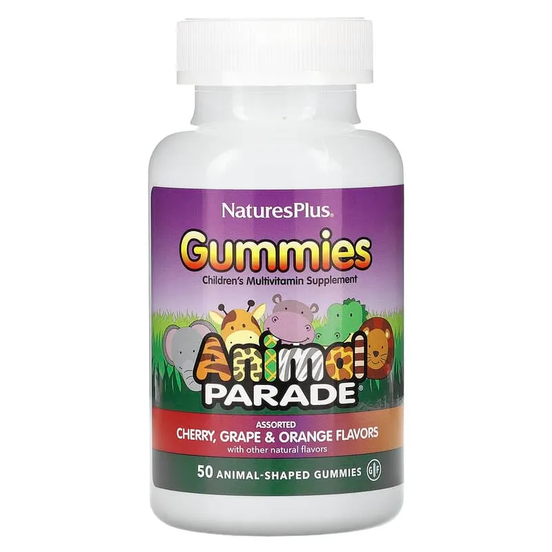 Nature's Plus, Мультівітаміни для дітей, Animal Parade, зі смаком вишні, апельсина і винограду, 50 жувательних цукерок 